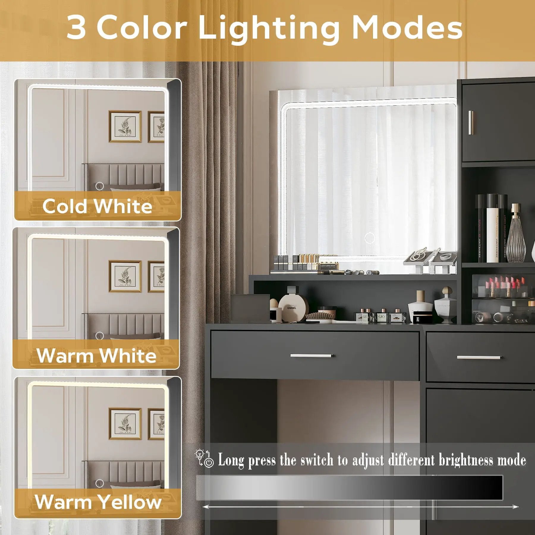 Vanity Desk With Mirror And LED Light Strip, Dressing Table With Large Drawer, 3 Level Storage Dresser & 3 Lighting Modes Adjustable Brightness, Suitable For Bedroom by HouseOfZazla