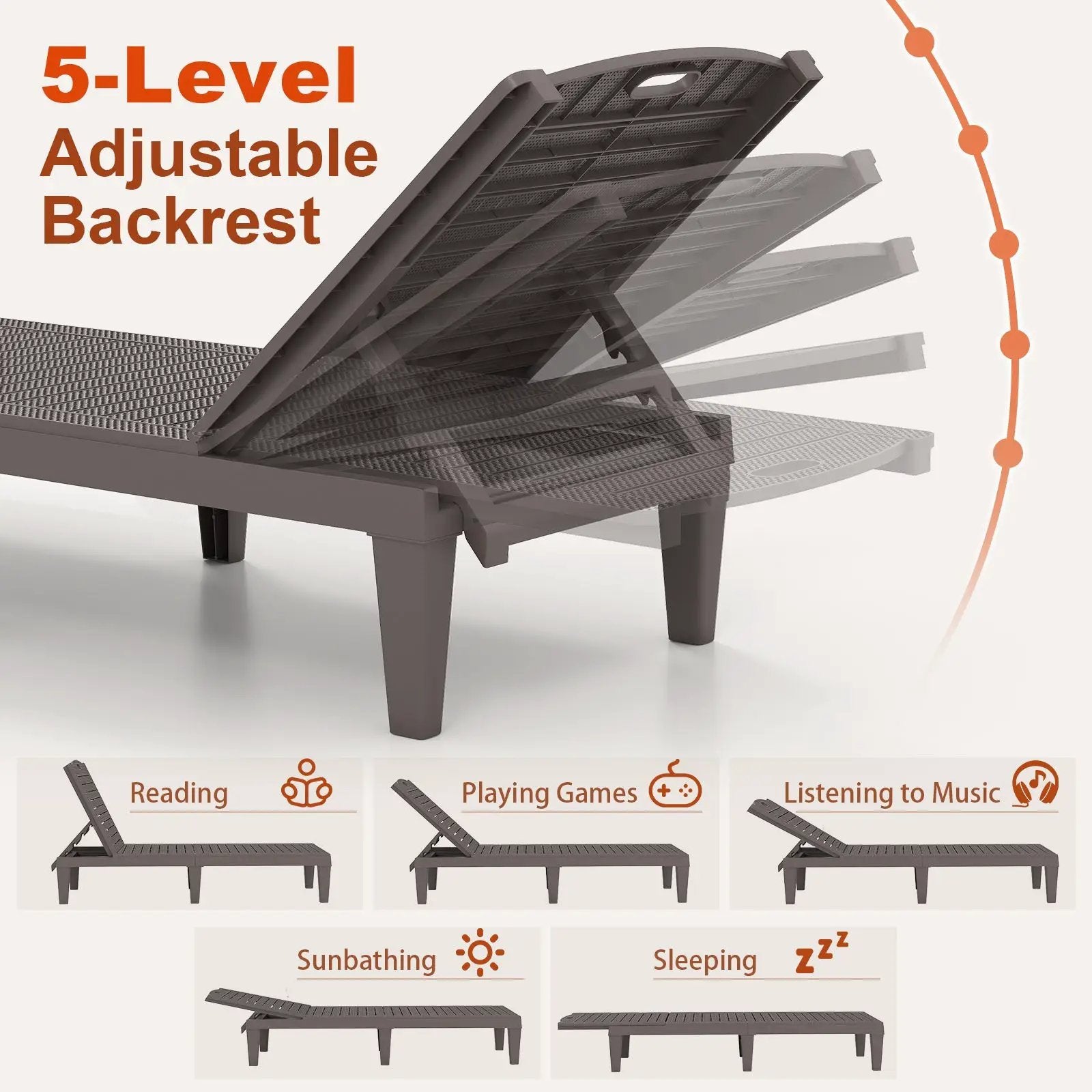 Outdoor PP Chaise Lounge Chairs Set of 2 with 4-Position Adjustable Backrests by DirectDeals