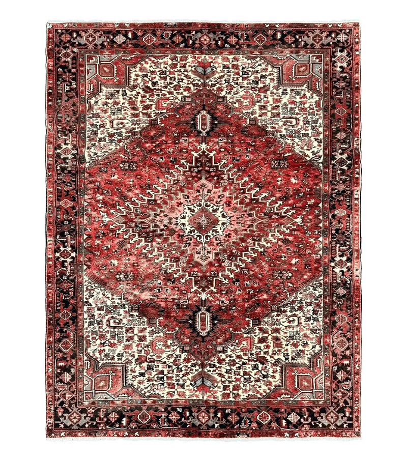 Large Persian Heriz Rug 10x13, Red and Cream Geometric Tribal Room Sized Handmade Wool Hand Knotted Semi Antique Decorative Oriental Carpet by Jewel Rugs