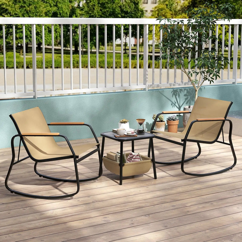 3 Piece Rocking Bistro Chairs and Side Table Set with Storage Bag-Brown by DirectDeals