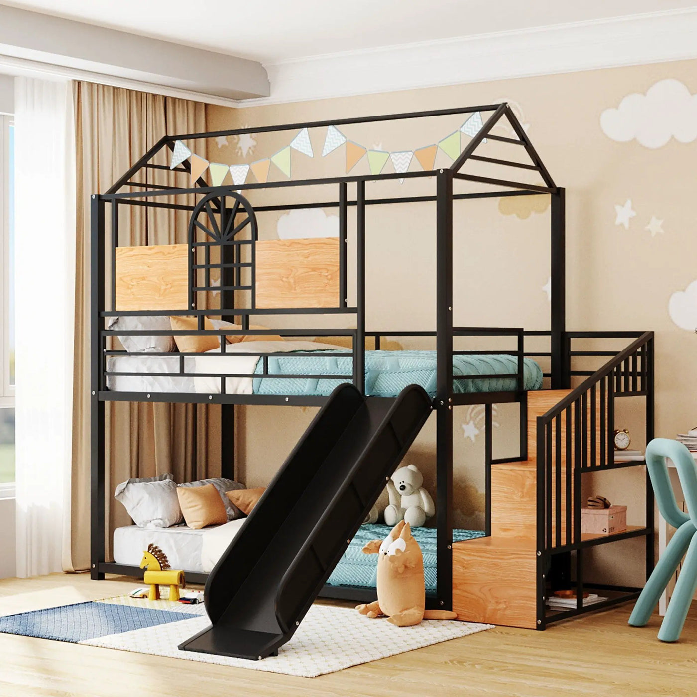 Metal Bunk Bed, Metal Housebed With Slide And Storage Stair by HouseOfZazla