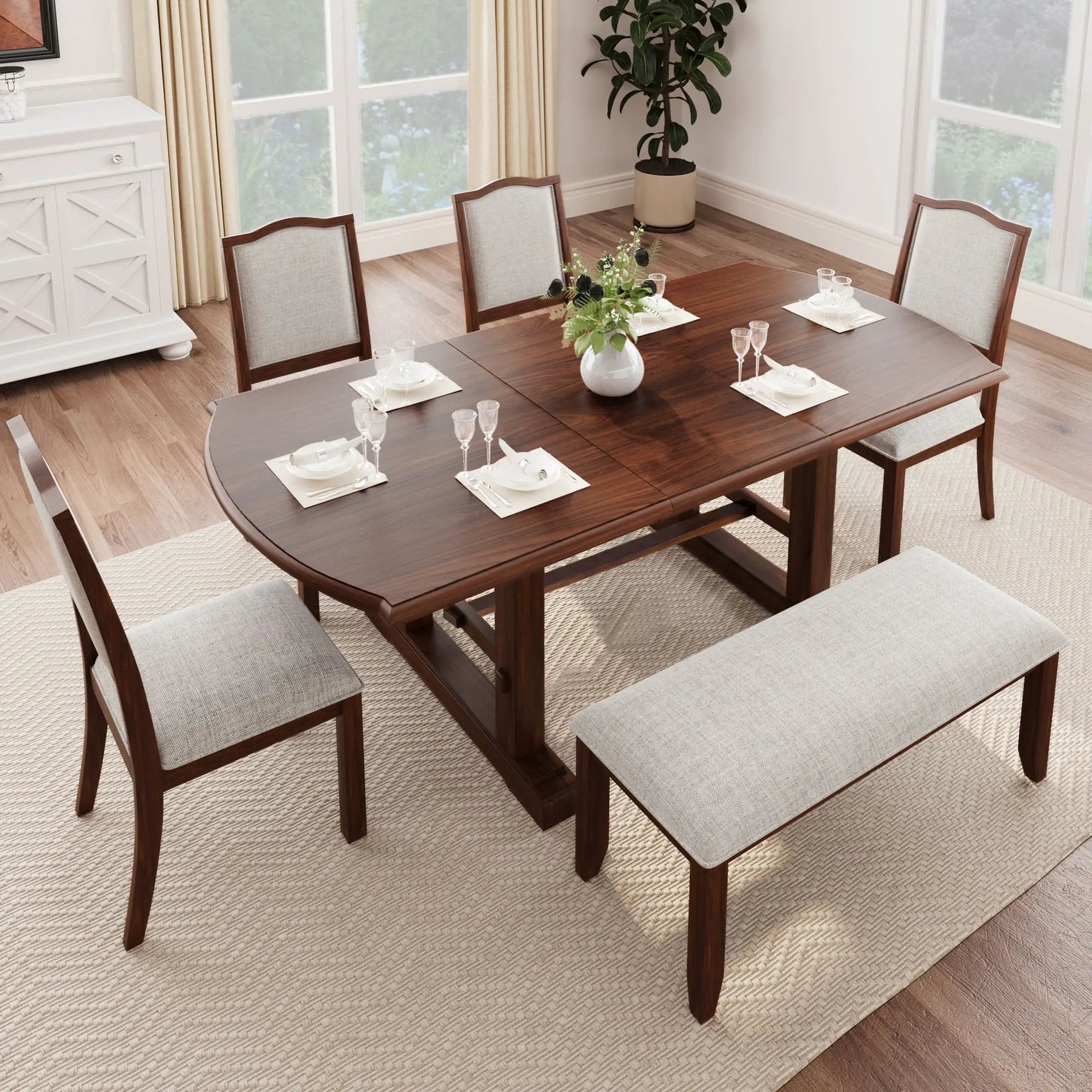 6 Piece Extendable Dining Table Set, Wood Table With Removable Leaf, 4 Upholstered Chairs And Bench - Cherry by Unique Piece Furniture