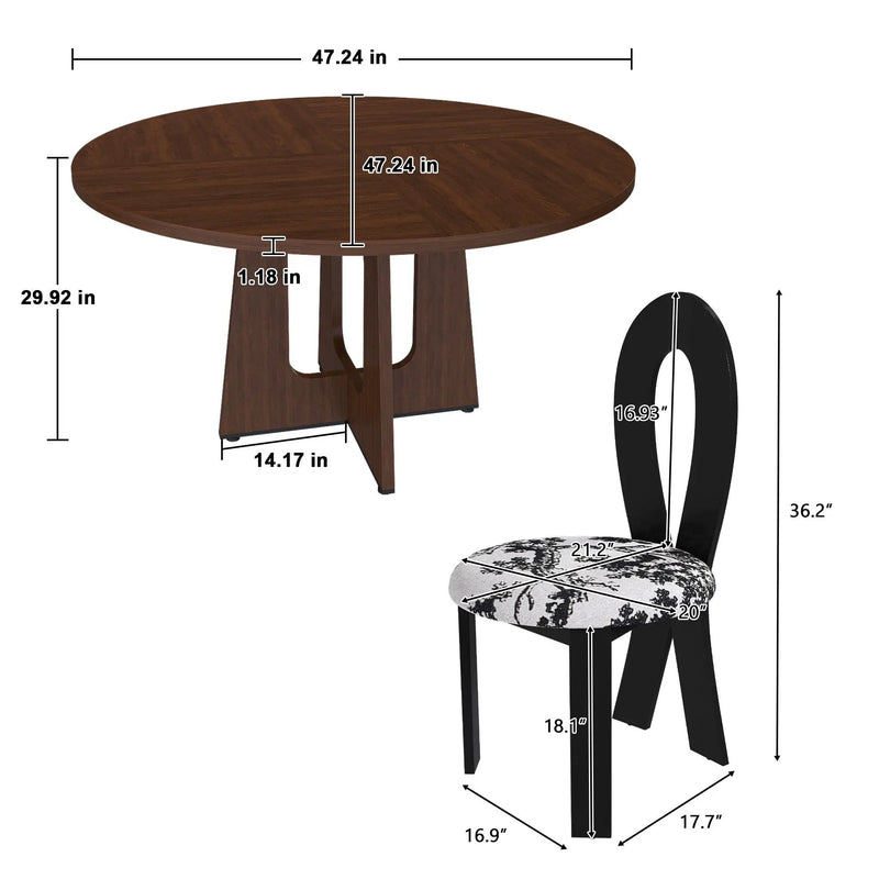 Round Dining Table For 4 With 4 Upholstered Chairs - Walnut / Black by HouseOfZazla
