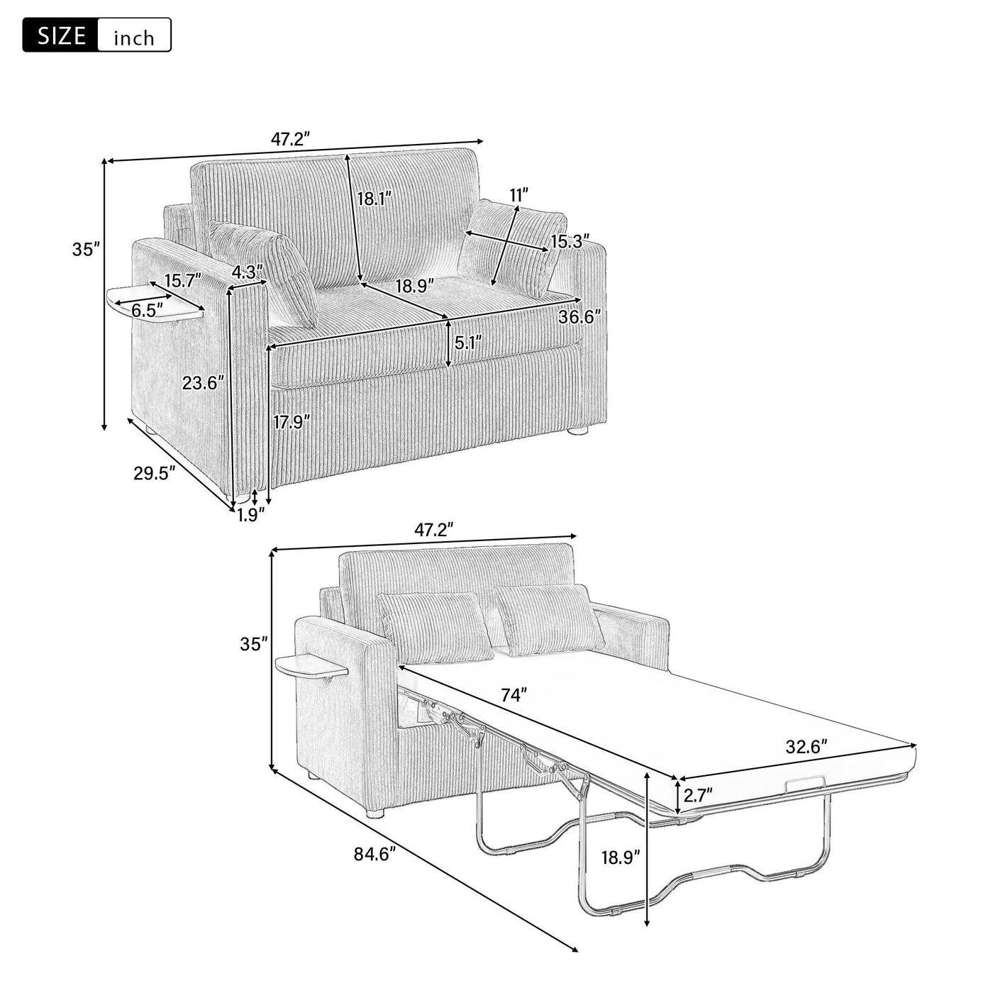 Sleeper Sofa With Foldable Mattress, USB Ports, Side Table & Storage Pocket by HouseOfZazla