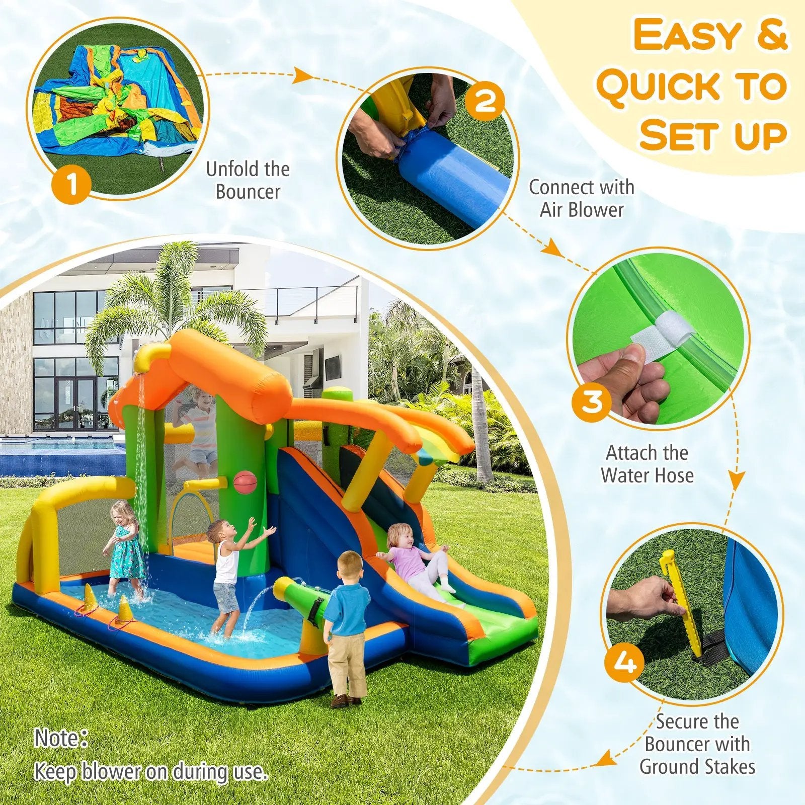 Inflatable Bounce House Water Park with Slide and 480W Blower by DirectDeals