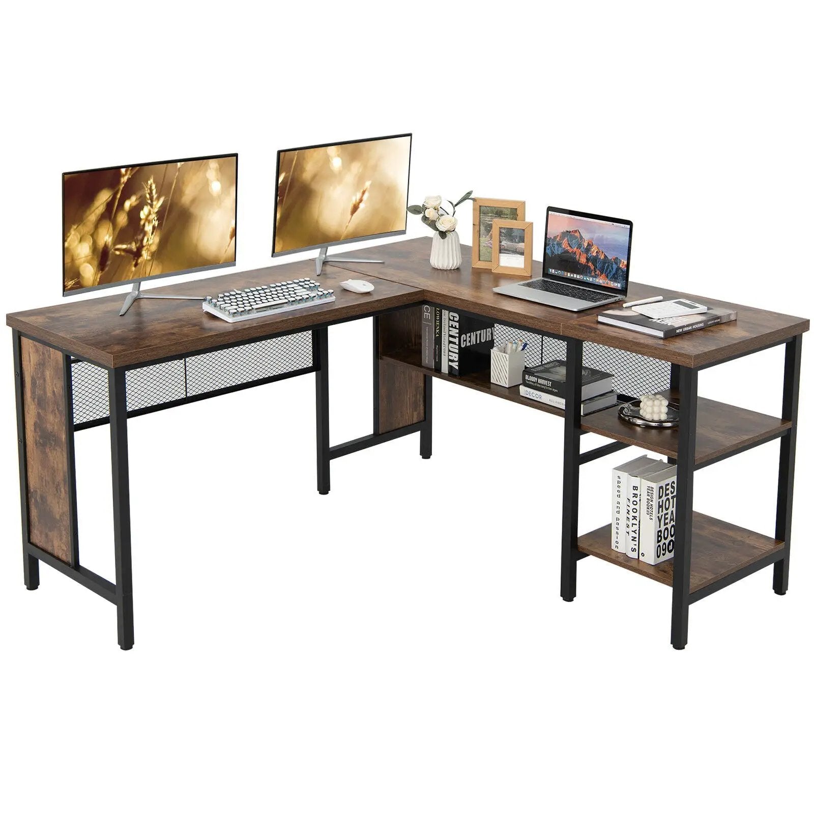 Industrial L-Shaped Corner Computer Desk Office Workstation with Storage Shelves by DirectDeals