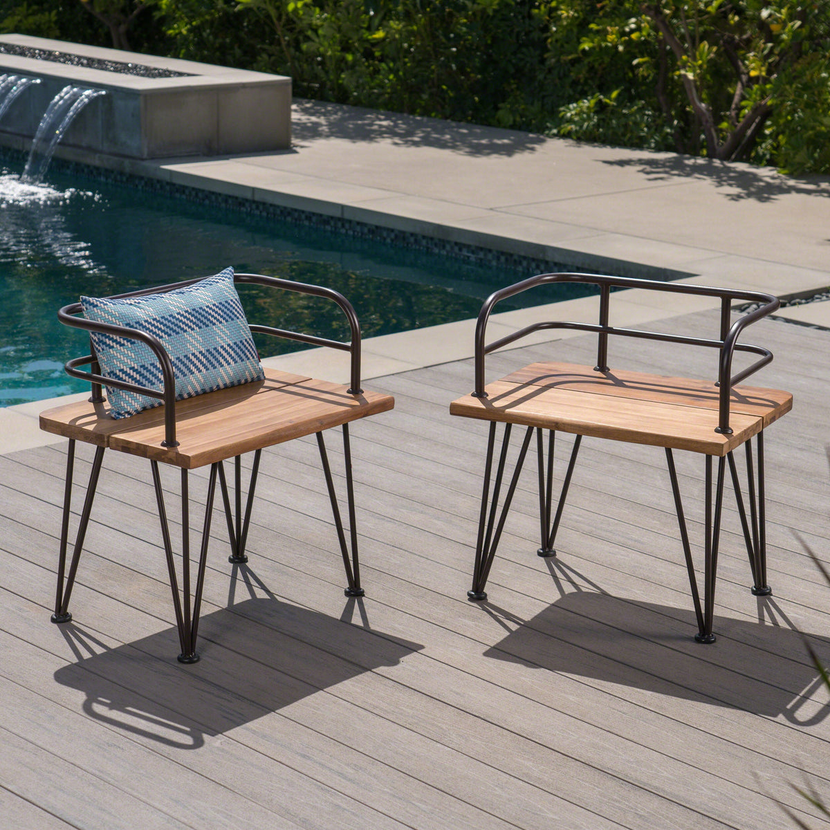Industrial Wood and Metal Patio Chair Set of 2 with Acacia Wood Seat - Teak Finish