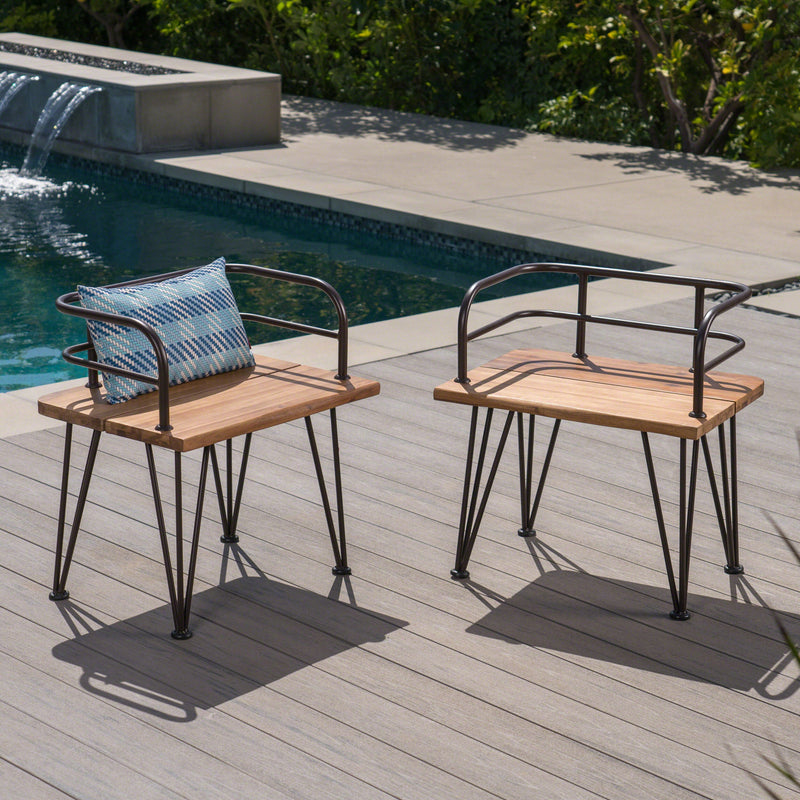 Industrial Wood and Metal Patio Chair Set of 2 with Acacia Wood Seat - Teak Finish