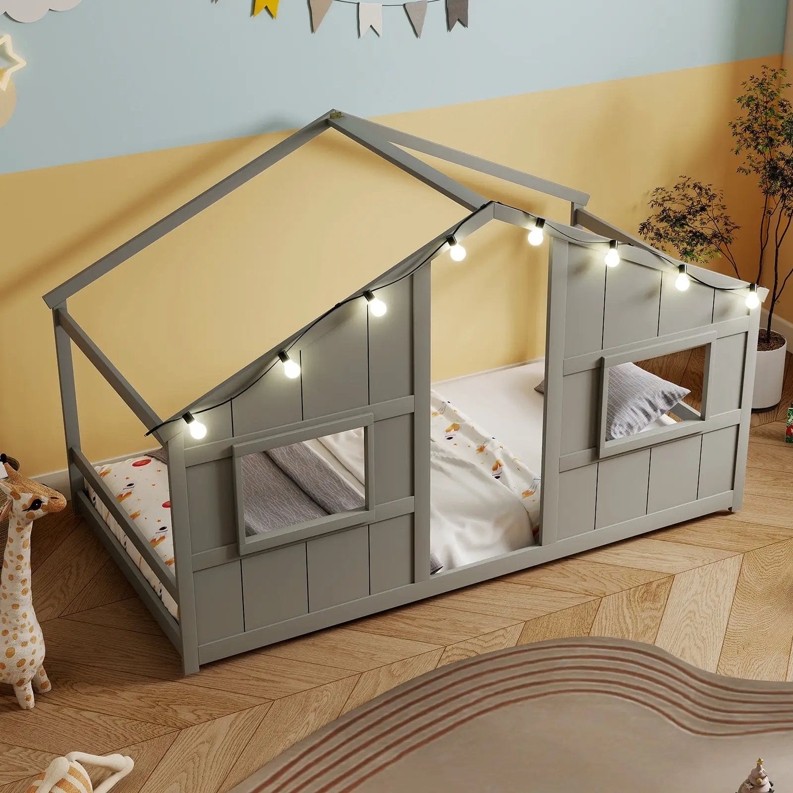 Twin Size House Bed with LED Lights Montessori Slat-free Floor Bed by DirectDeals