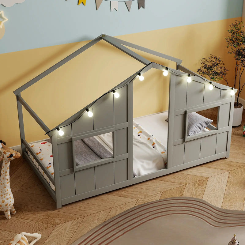 Twin Size House Bed with LED Lights Montessori Slat-free Floor Bed by DirectDeals
