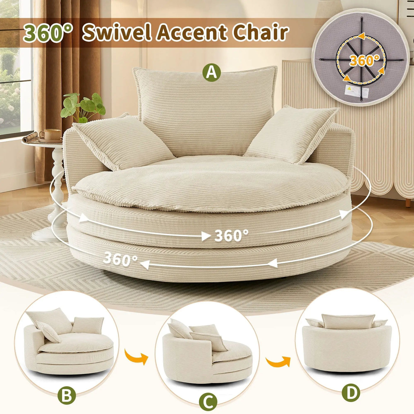 360° Swivel Accent Barrel Chair With Dual Layer Cushion And 3 Removable Pillows by HouseOfZazla