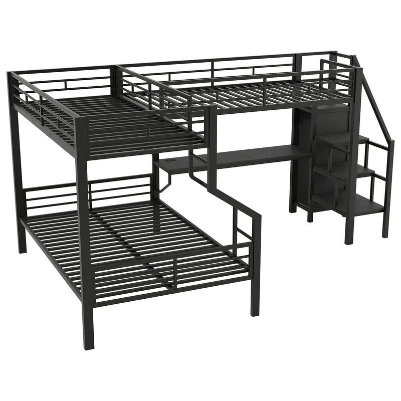 Twin Over Full L Shaped Bunk & Loft Bed With Built-In Wardrobe, Desk, And USB Ports - Black by HouseOfZazla