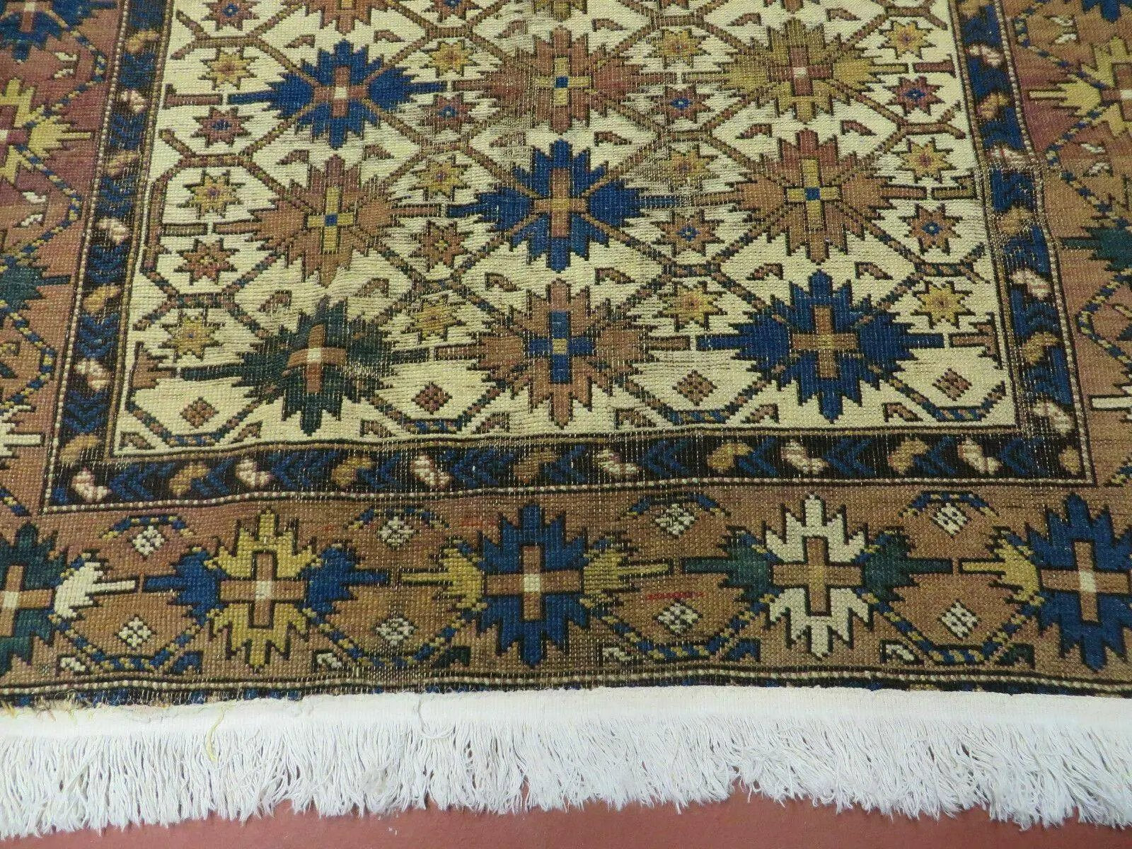 4' X 5' Antique Handmade Caucasian Kazak Shirvan Wool Rug Snow Flakes by Jewel Rugs