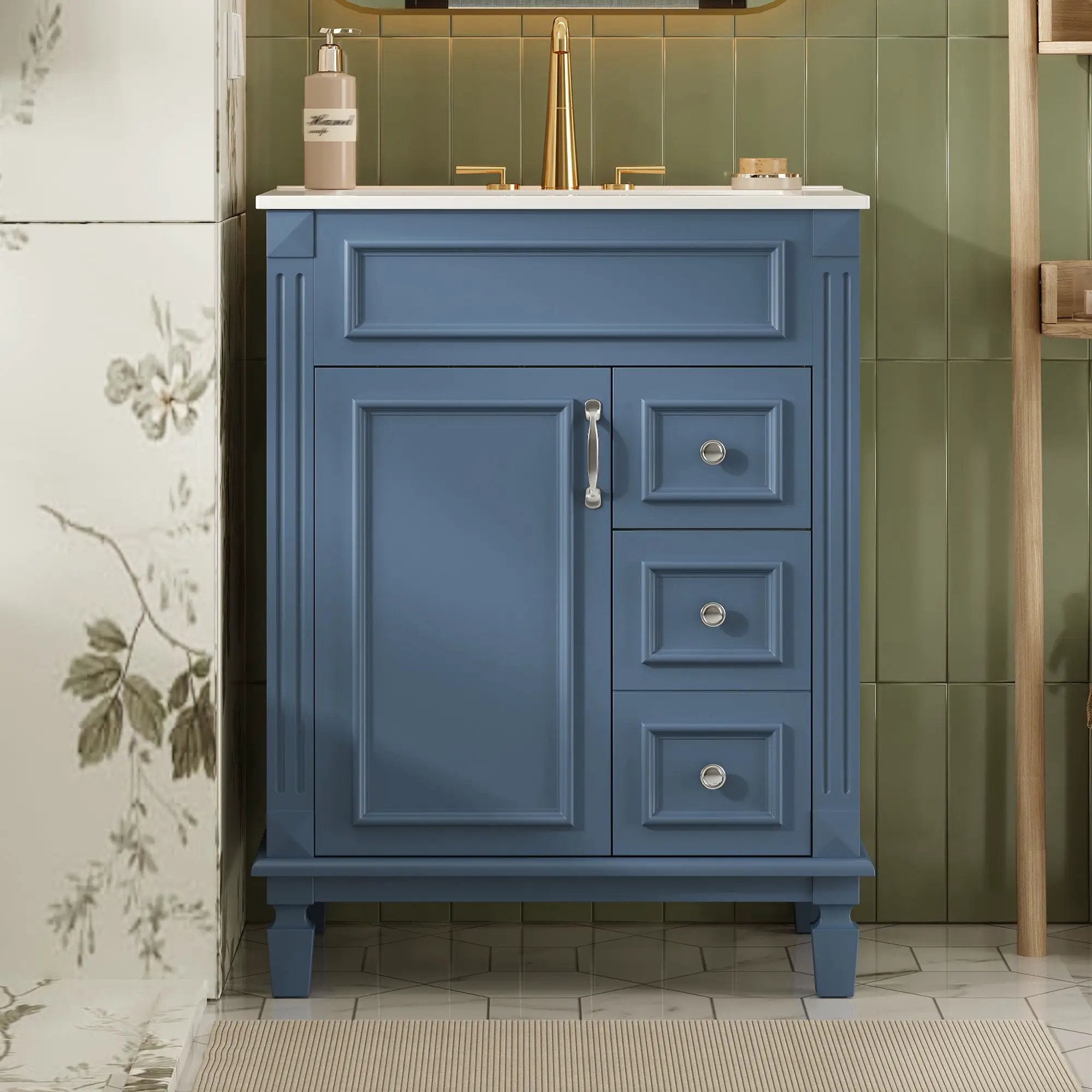 Bathroom Vanity With Ceramic Sink, Compact Cabinet With 2 Drawers And Adjustable Shelf - Blue by HouseOfZazla