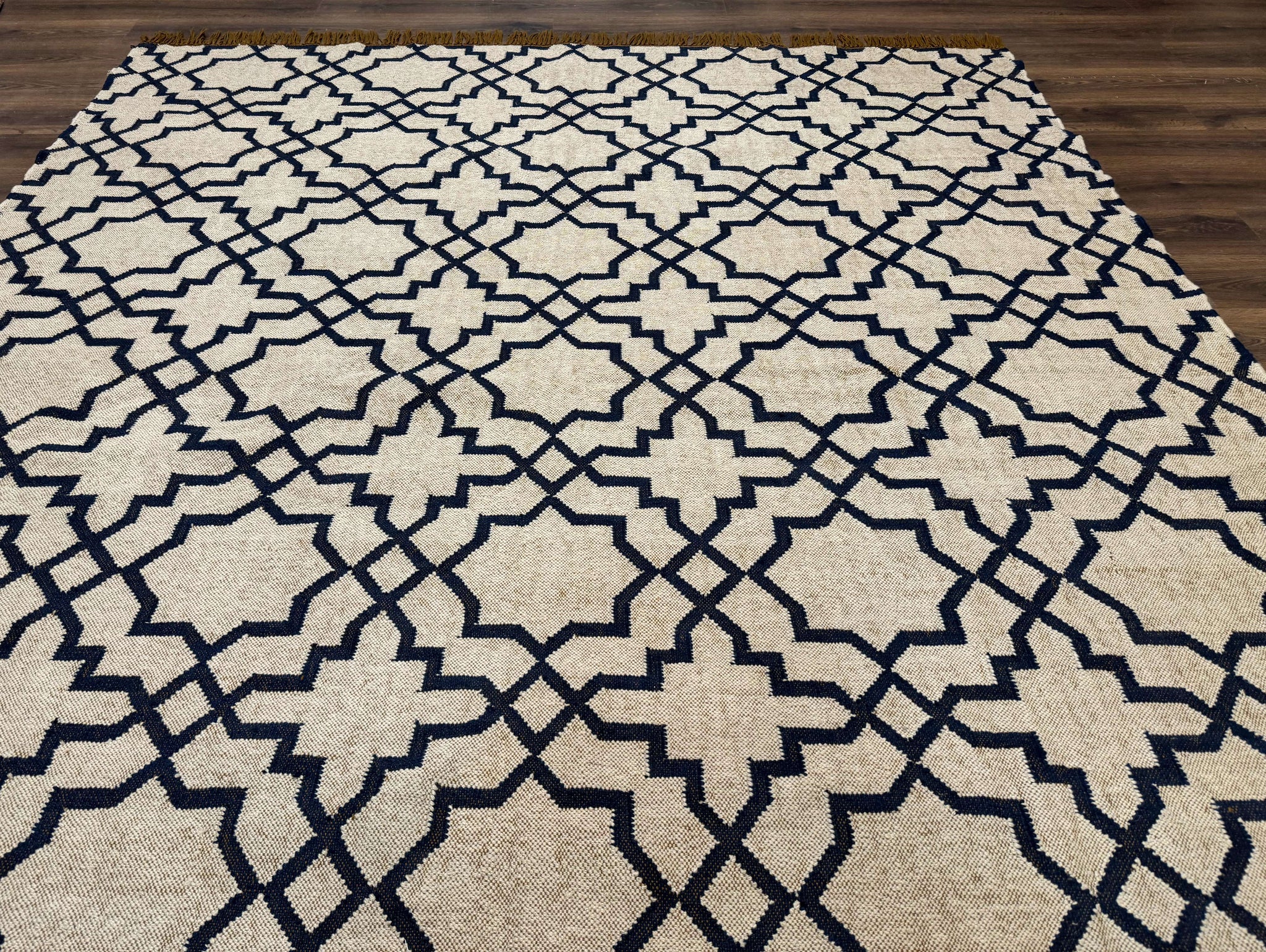 Indian Kilim Rug 8x10, Oat and Navy Blue, Dhurrie Carpet, Handmade, Wool by Jewel Rugs