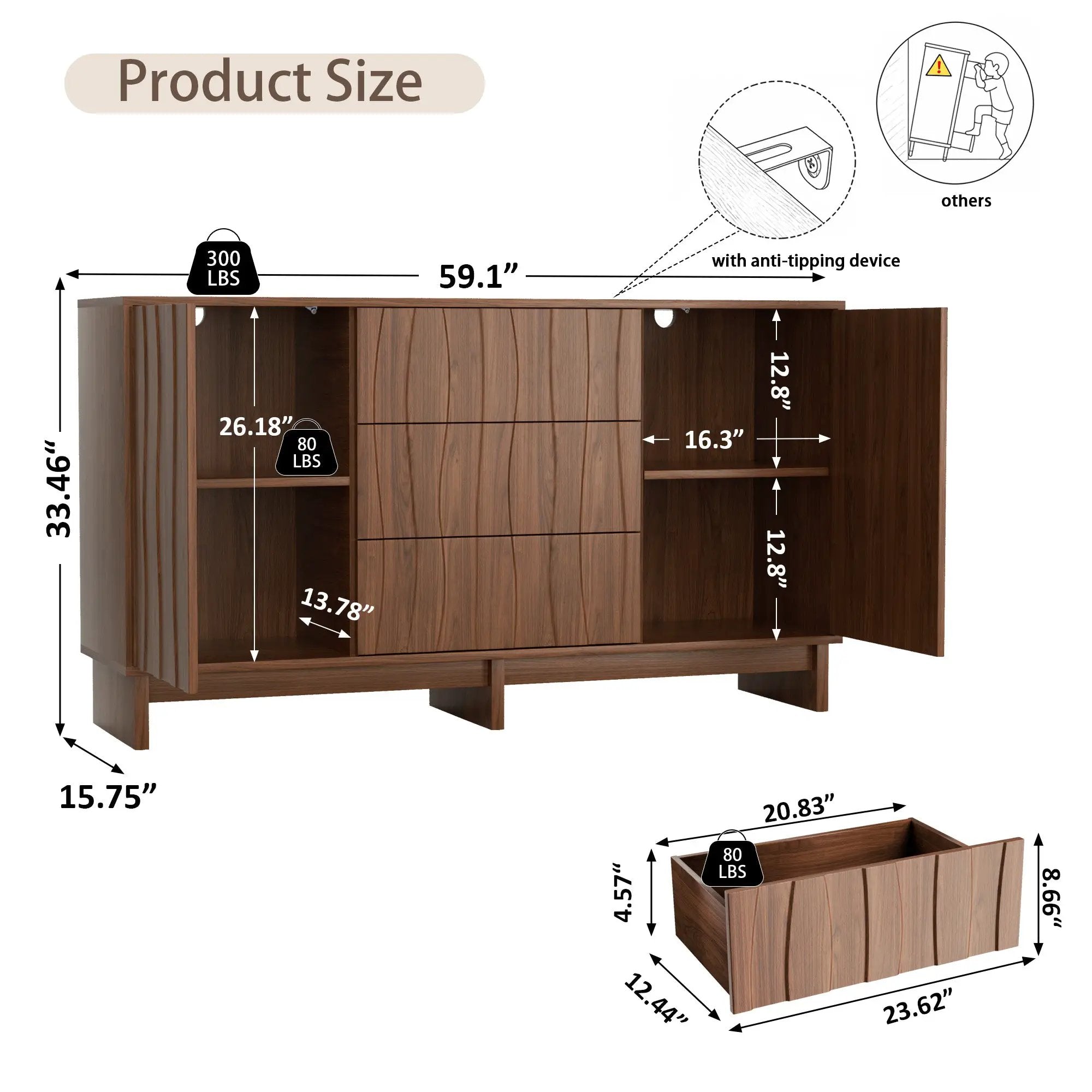 59.1" Buffet Sideboard with 2 Doors and 3 Drawers by HouseOfZazla