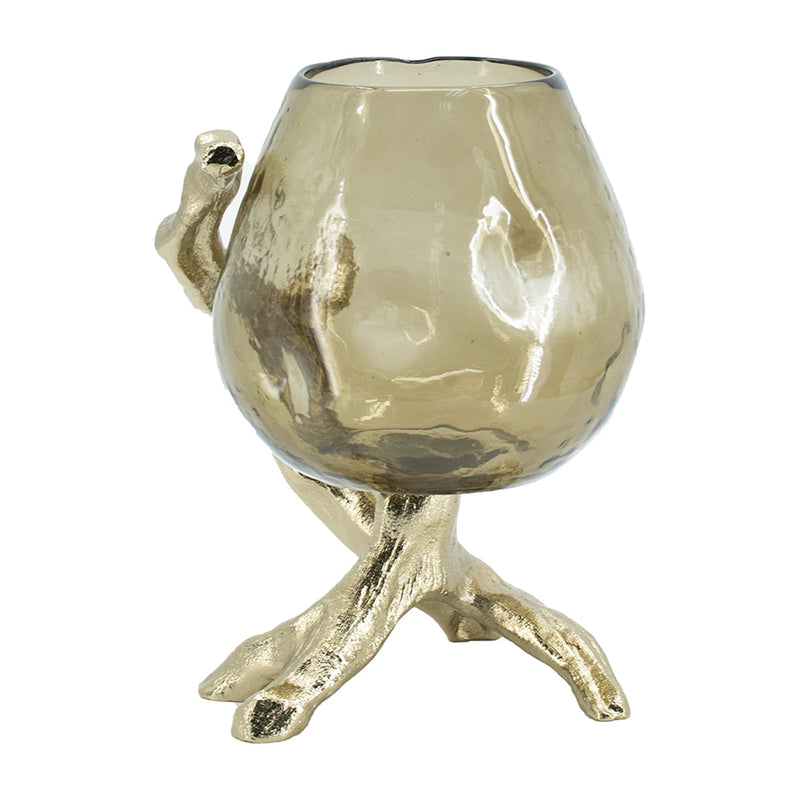 Olive Glass Candle Holder with Gold Metal Legs by HouseOfZazla