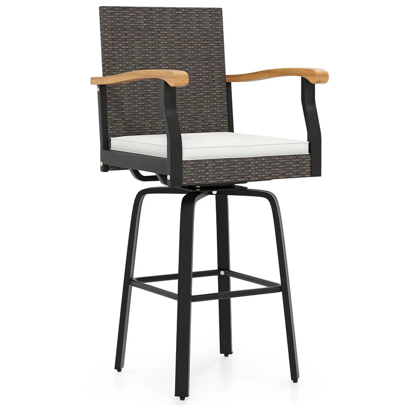 Set of 2 Outdoor 360¬∞ Swivel Bar Stool with Cushion and Acacia Wood Armrests by DirectDeals