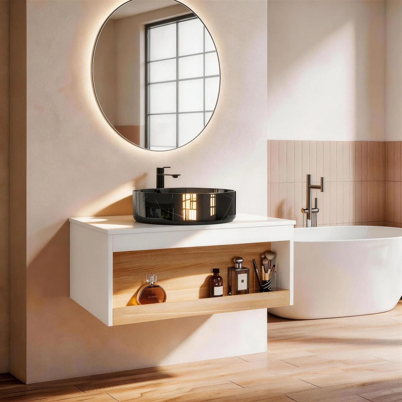 Floating Bathroom Vanity With Vessel Sink With Open Shelf Storage by HouseOfZazla