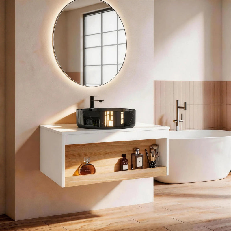 Floating Bathroom Vanity With Vessel Sink With Open Shelf Storage by Unique Piece Furniture