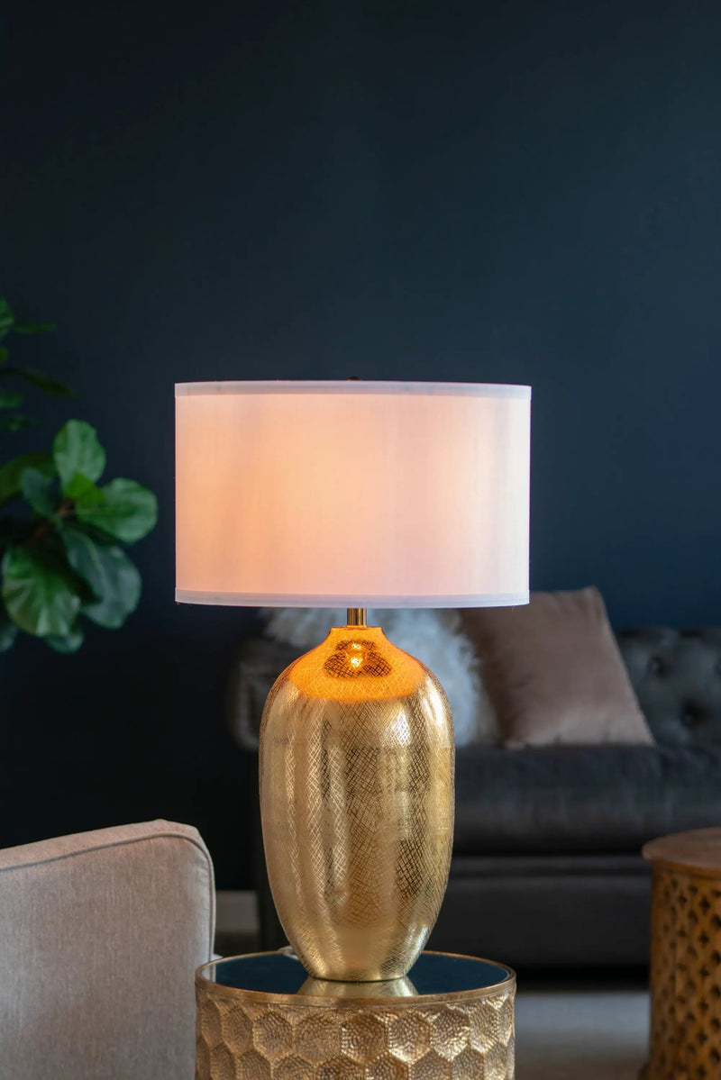 D18x31" Round Aluminum Sheet Gold Table Lamp with White Fabric Shade by HouseOfZazla