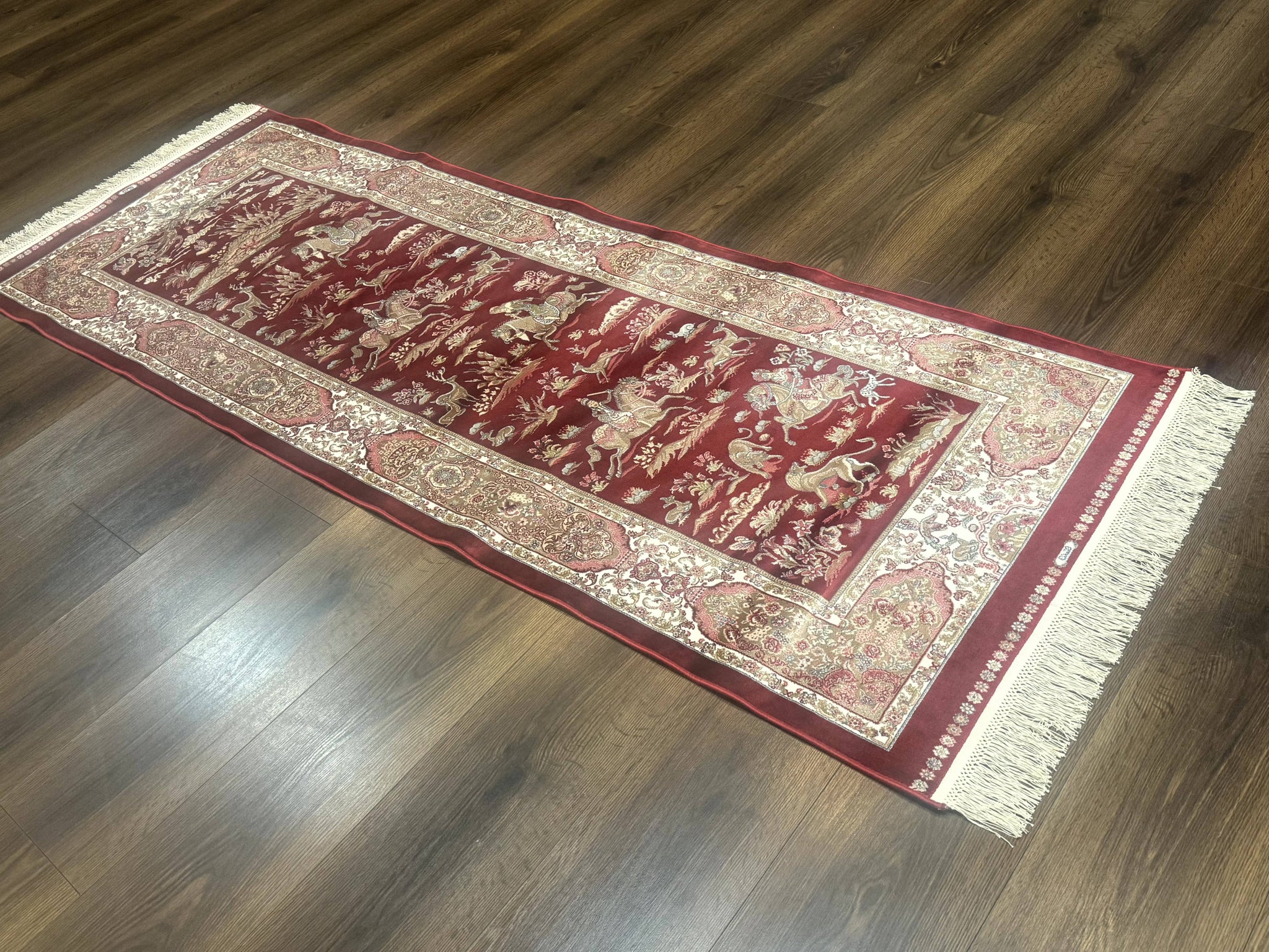 Turkish Silk Rug 2.6 x 6.7, Hunting Design, Short Runner Rug, Red & Ivory, Bamboo Silk, New by Jewel Rugs