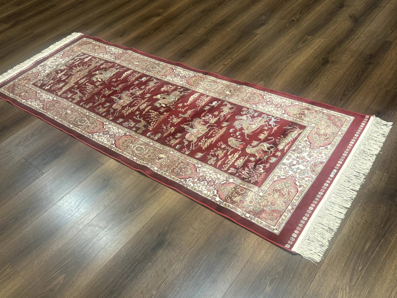 Turkish Silk Rug 2.6 x 6.7, Hunting Design, Short Runner Rug, Red & Ivory, Bamboo Silk, New by Jewel Rugs