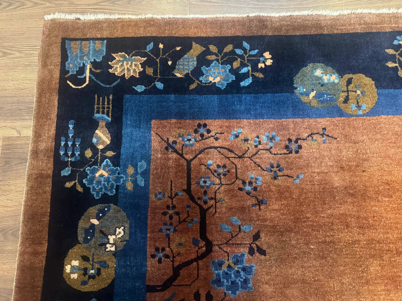 Antique Chinese Wool Rug 9x12, Light Brown and Navy Blue, Fete Peking Art Deco by Jewel Rugs