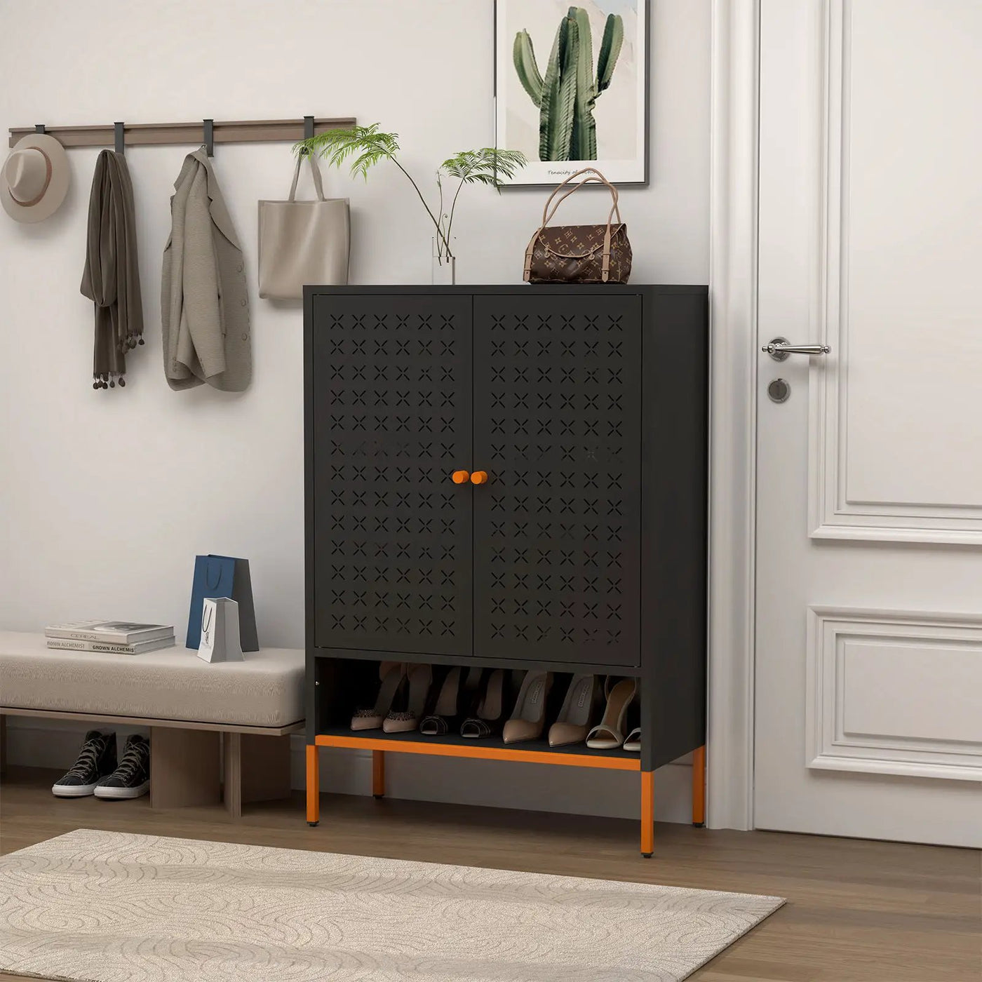 Grid Double Door Shoe Cabinet With Adjustable Compartments and Moisture-Proof Design by HouseOfZazla