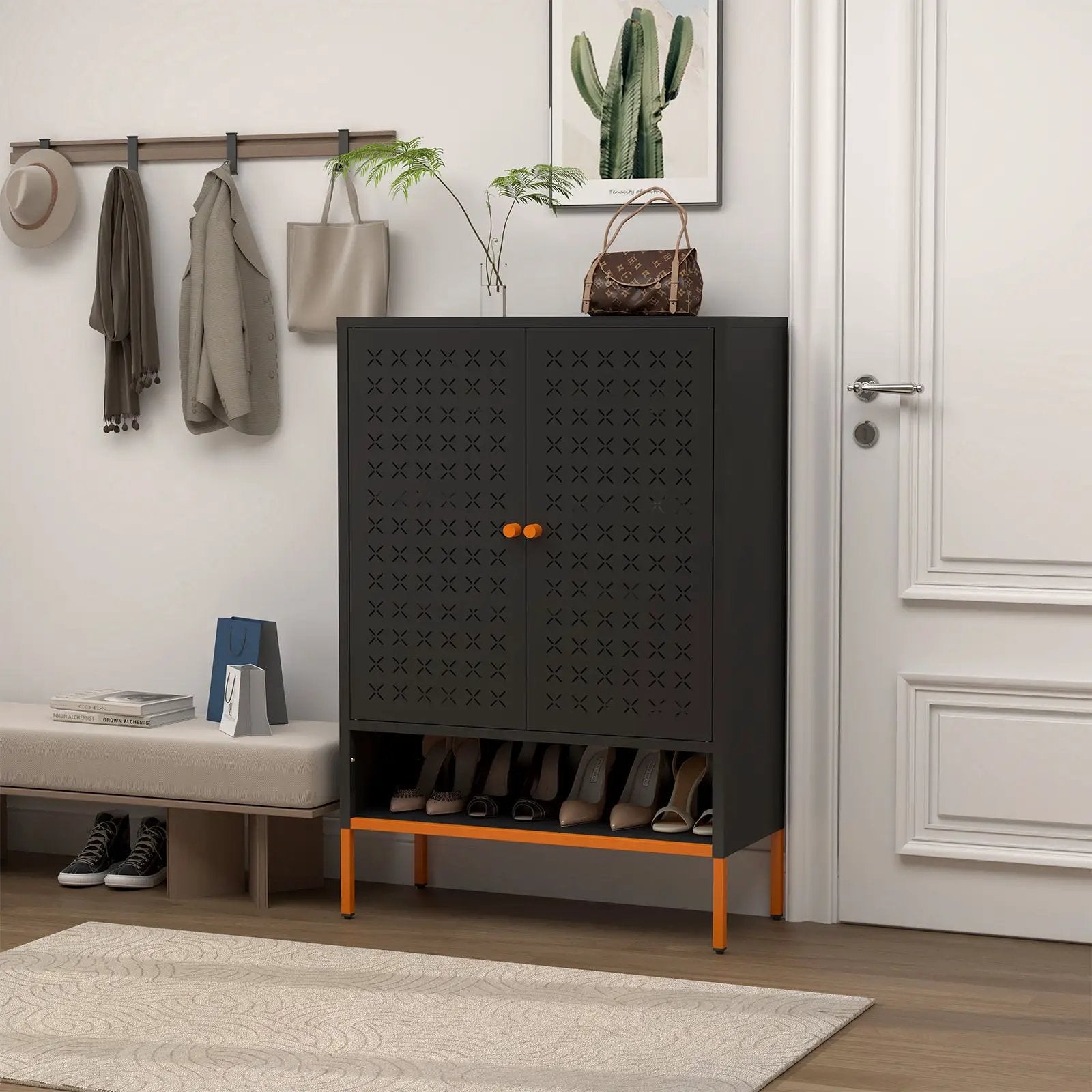 Grid Double Door Shoe Cabinet With Adjustable Compartments And Moisture-Proof Design In Metal by Unique Piece Furniture