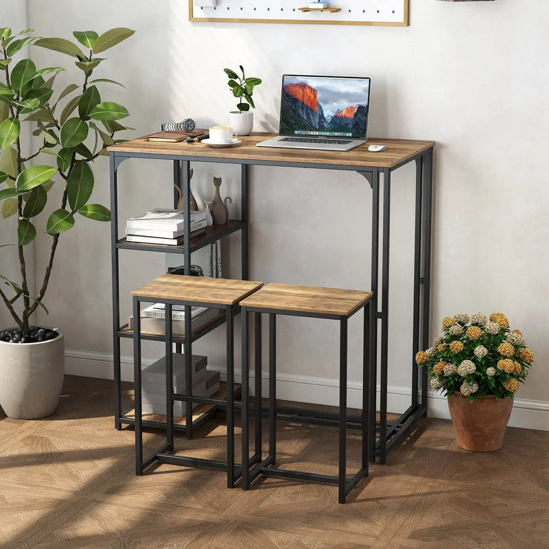 3-Piece Bar Table Set for 2 Bar-Height Dining Table with 2 Stools-Rustic Brown by DirectDeals