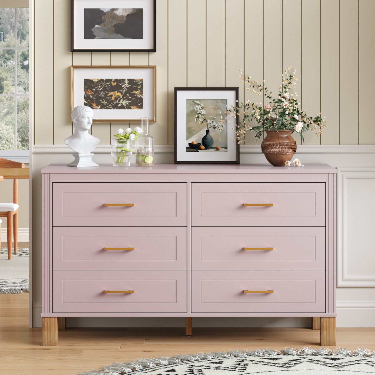 6-Drawer Double Dresser , Modern Storage Cabinet with Metal Handles & Solid Wood Legs, Dresser Drawer Organizer for Kids Bedroom, Heavy-Duty Wooden Dresser with Pre-Installed