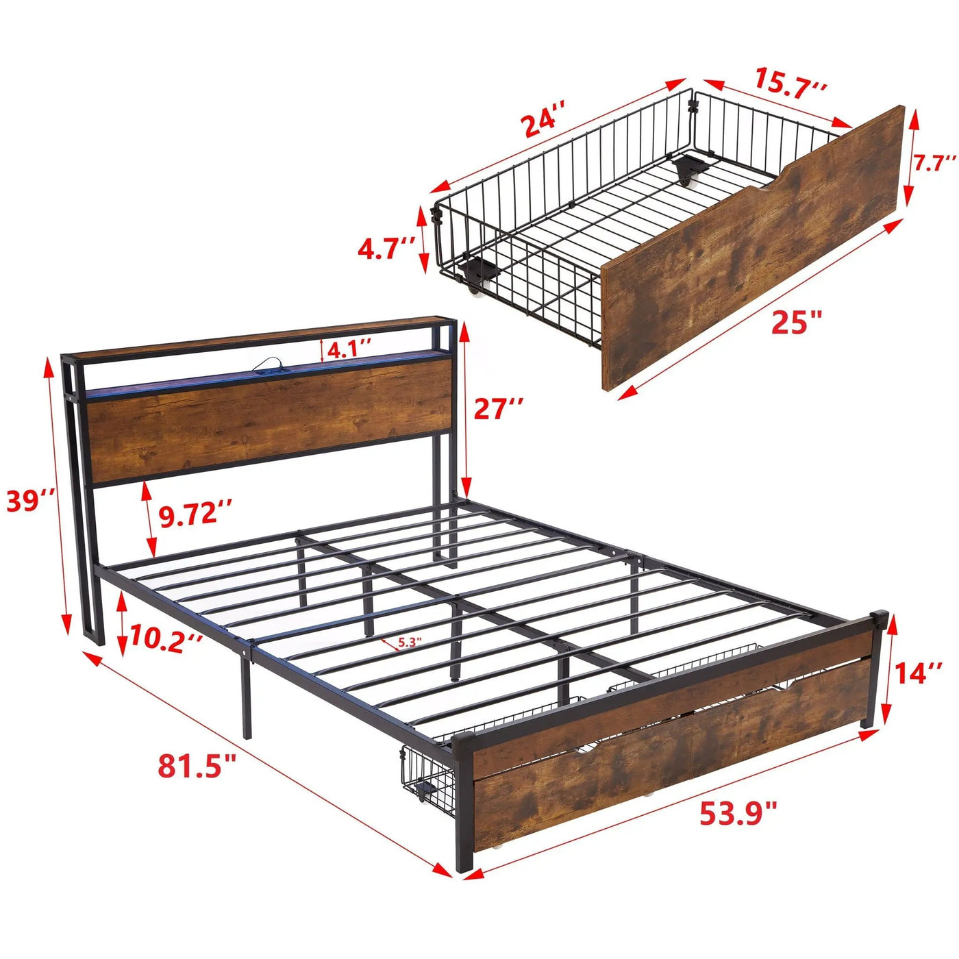 Modern Metal Platform Bed Frame With Wooden Headboard And Footboard, USB Charging Station, LED Lights, 2 Drawers by HouseOfZazla