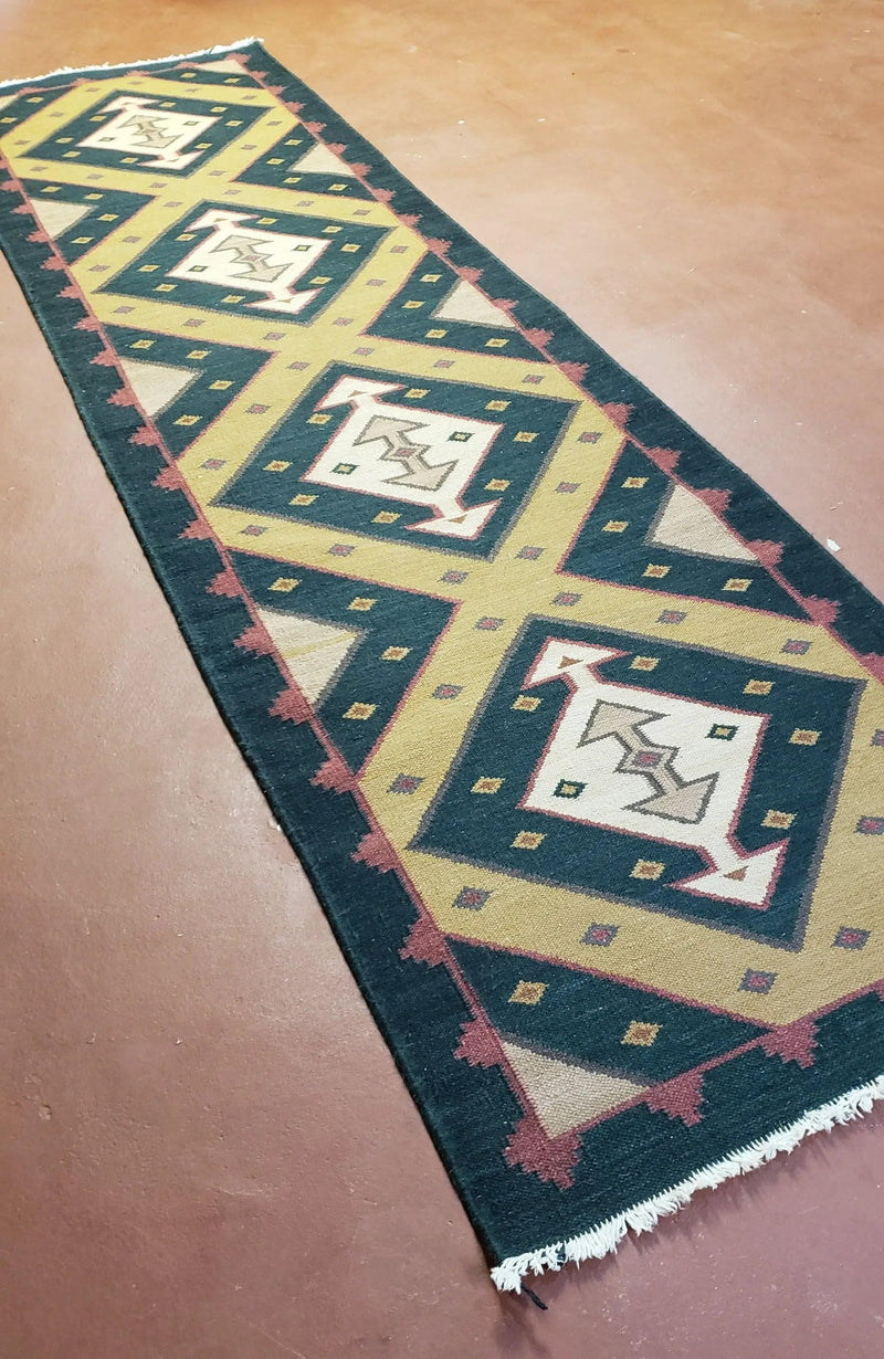 Vintage Indian Kilim Runner Rug, Geometric Flatweave Hand-Knotted Wool Kitchen Hallway Runner, Black Gold & Beige, 2' 8" x 9' 9" by Jewel Rugs