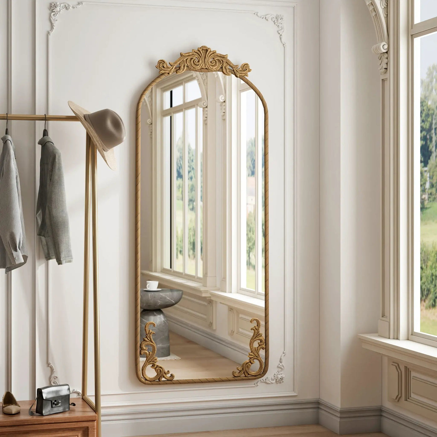 Full Body Arched Mirror With Vintage Carved Applique by HouseOfZazla