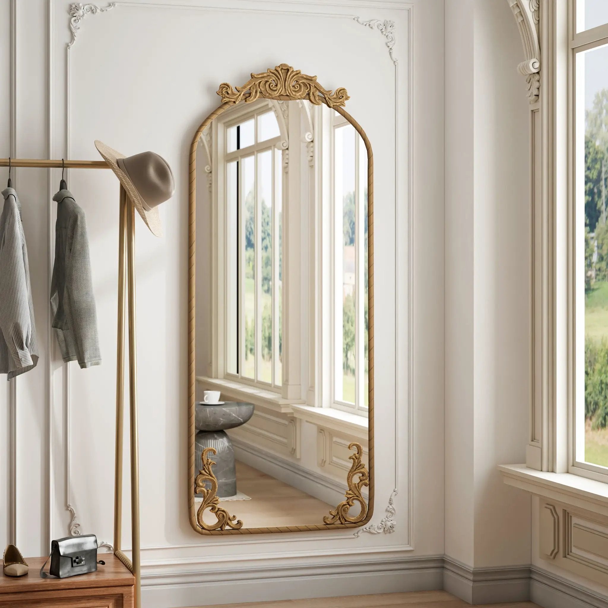 Full Body Arched Mirror With Vintage Carved Applique by HouseOfZazla