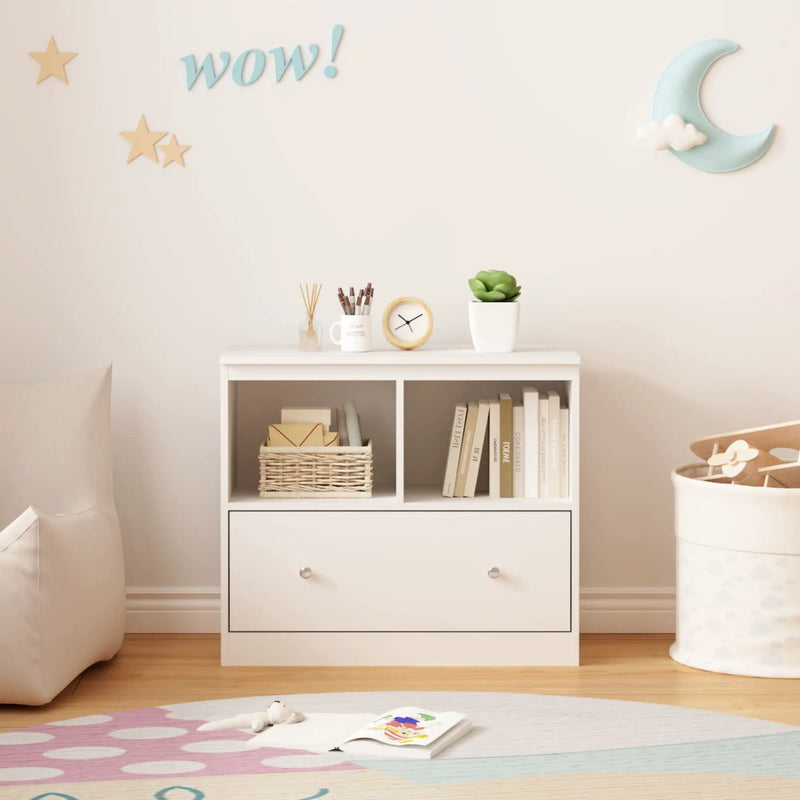 Toy Storage Organizer With Large Drawer And Low Bookshelf For Nursery & Playroom - White by HouseOfZazla