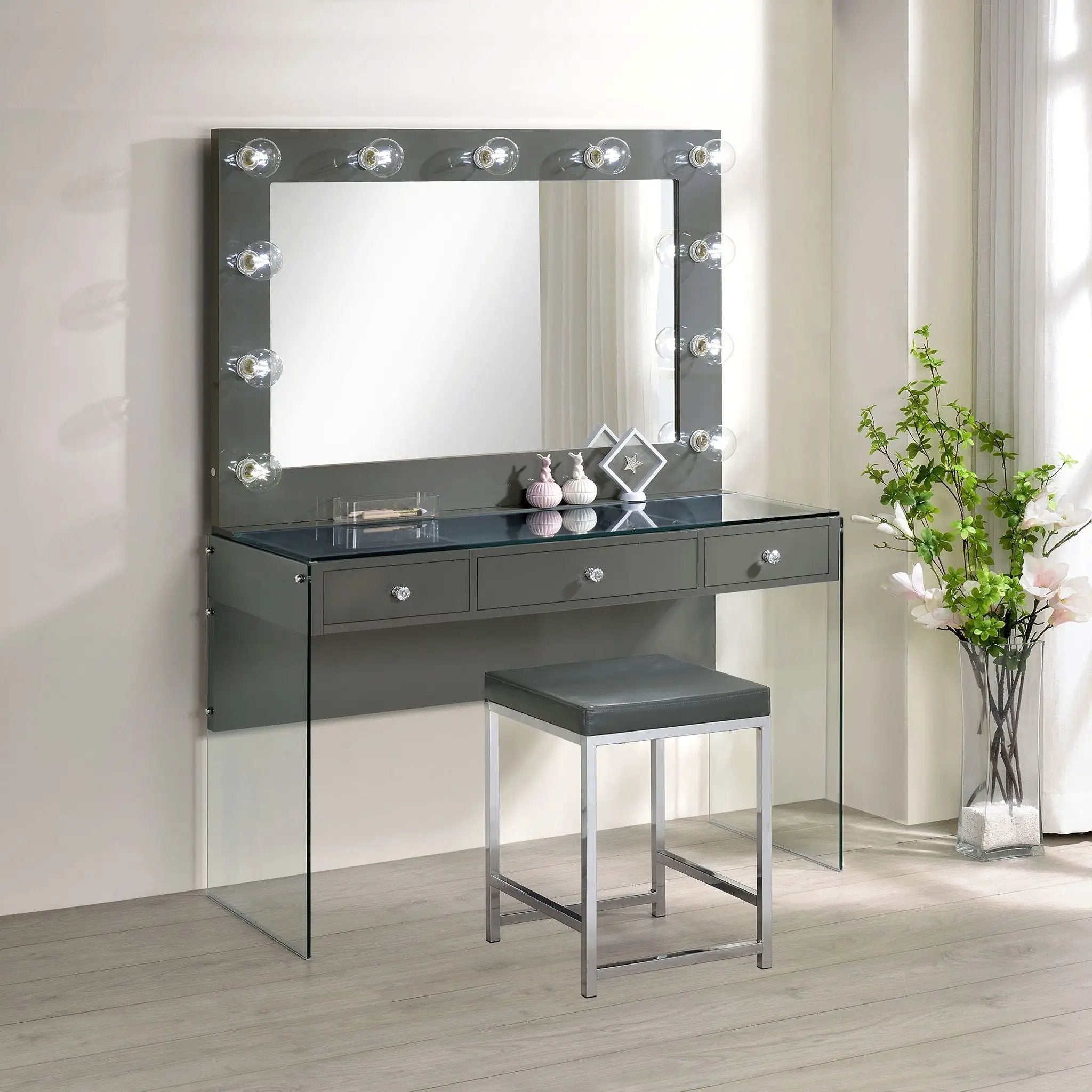 Afshan 3-drawer Vanity Set with Lighting Grey High Gloss by Unique Piece Furniture