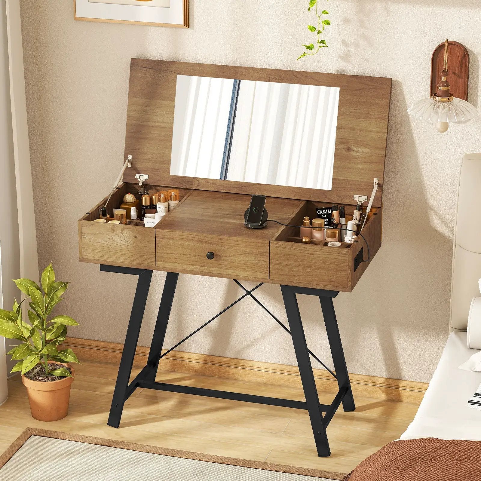 Vanity Desk with Flip Top Mirror Makeup Dressing Table-Rustic Brown by DirectDeals