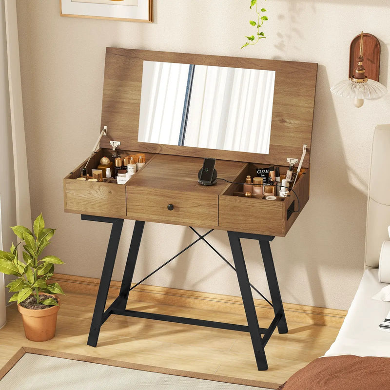 Vanity Desk with Flip Top Mirror Makeup Dressing Table-Rustic Brown by DirectDeals