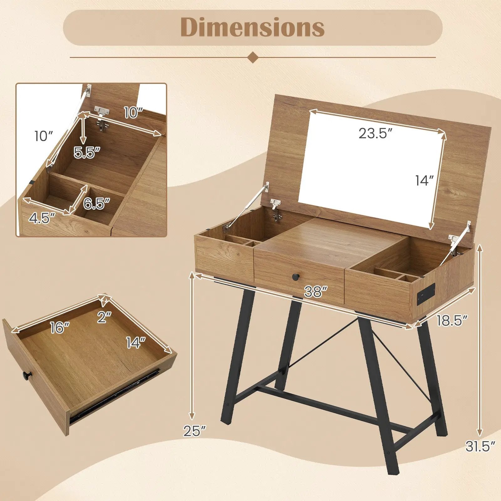 Vanity Desk with Flip Top Mirror Makeup Dressing Table-Rustic Brown by DirectDeals