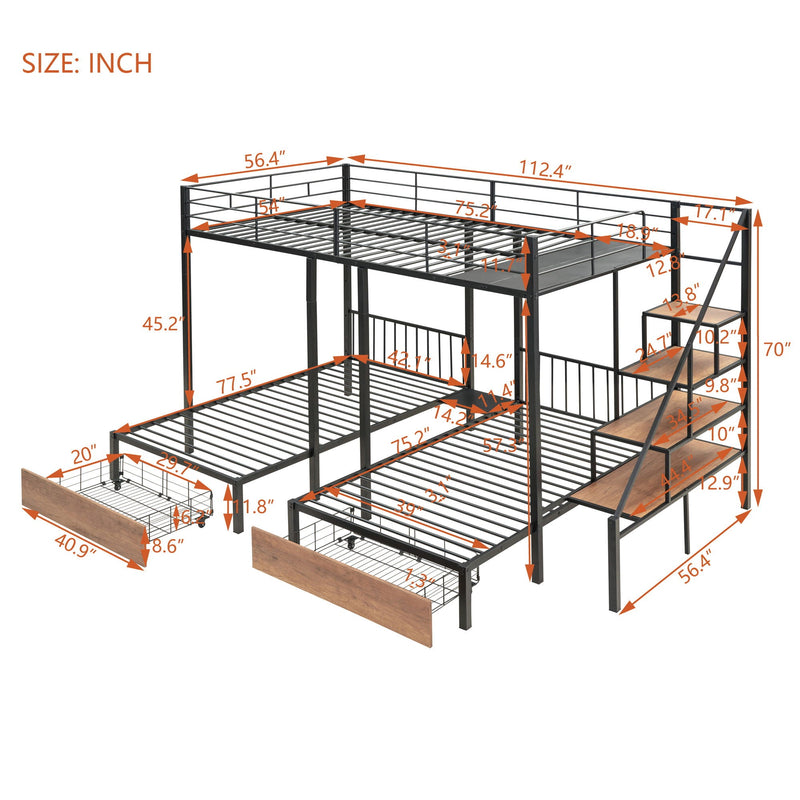 Full Over Twin-Twin Triple Bunk Bed With Drawers And Staircase - Black by HouseOfZazla