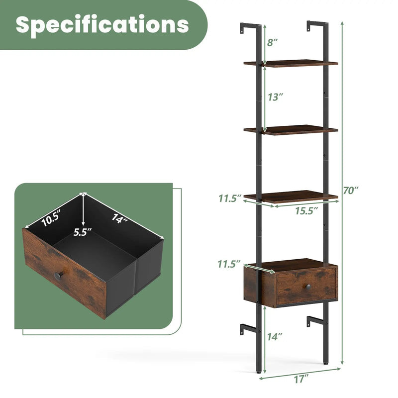 5-Tier Ladder Bookcase with Drawer and Metal Frame for Study Home Office-Rustic Brown by DirectDeals