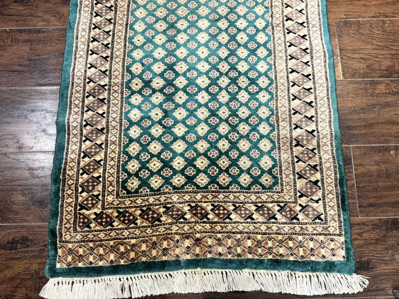 Long Pakistani Runner Rug 2.8 x 20, Hand Knotted Vintage Wool Hallway Rug, Turkoman Rug, Teal and Tan, Handmade Vintage Wool Runner by Jewel Rugs