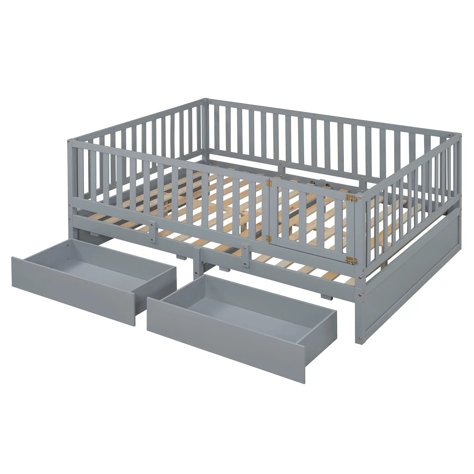Daybed With Fence Guardrails And 2 Drawers, Split Into Independent Floor Bed & Daybed by HouseOfZazla