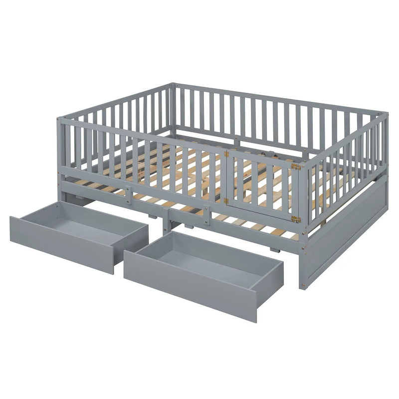 Daybed With Fence Guardrails And 2 Drawers, Split Into Independent Floor Bed & Daybed by HouseOfZazla