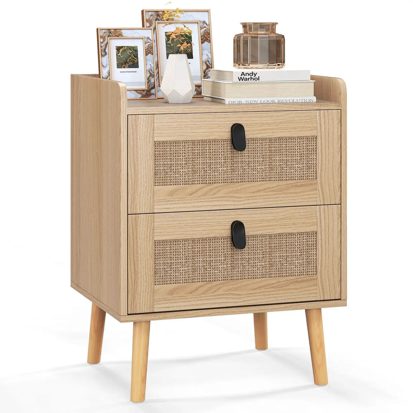 Modern End Table Bedside Table with 2 Rattan Decorated Drawers by DirectDeals