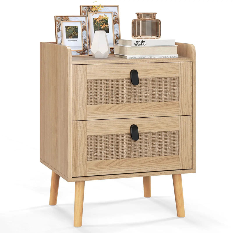 Modern End Table Bedside Table with 2 Rattan Decorated Drawers by DirectDeals