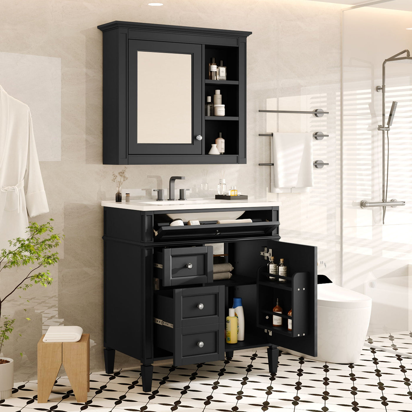 Bathroom Vanity With Medicine Cabinet, Royal Mirror Cabinet, Modern Bathroom Storage Cabinet With 2 Soft Closing Doors And 4 Drawers by Unique Piece Furniture