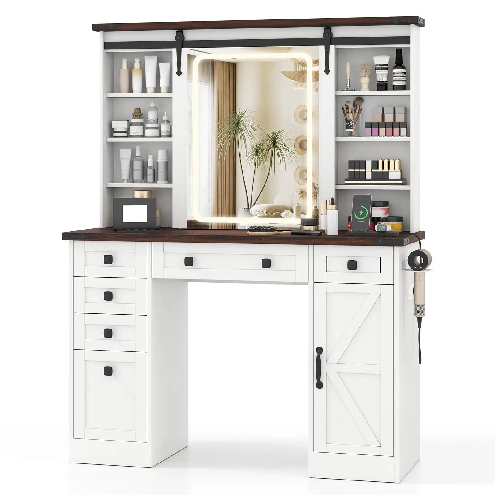 Farmhouse Vanity Desk with Barn-Style Sliding Mirror and 3 Lighting Modes-White by DirectDeals